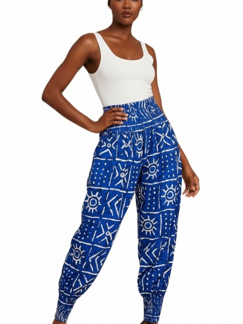 Blue Printed Elastic-Waist Women's Pants